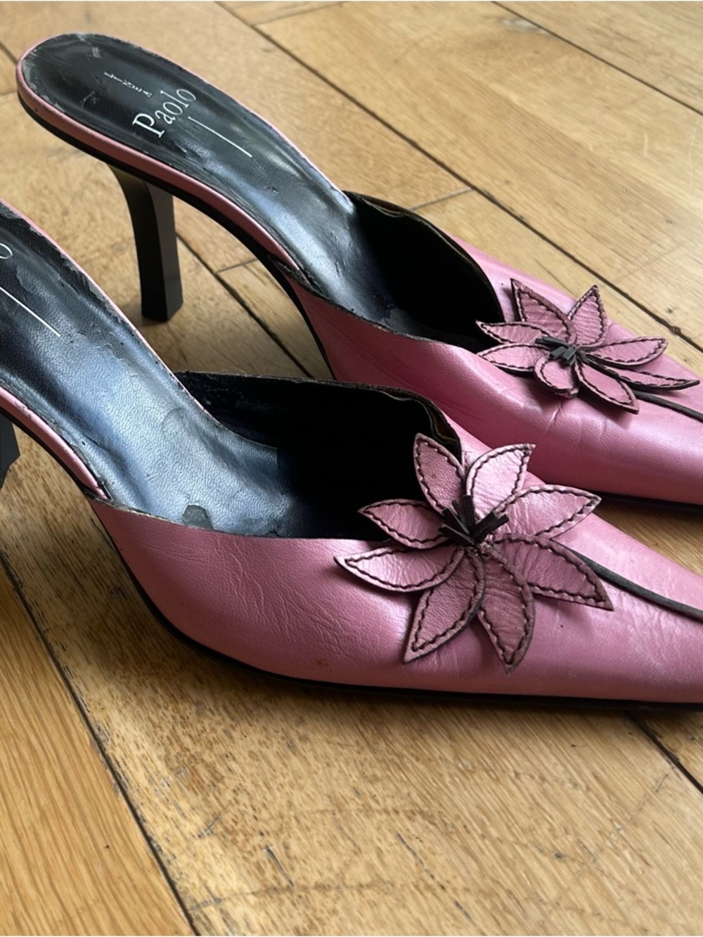 Paolo Rose Pink Leather Floral Applique Mule Heels